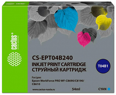 Картридж струйный Cactus CS-EPT04B240 T04B2 голубой (54мл) для Epson WorkForce Pro WF-C8190, WF-C8690