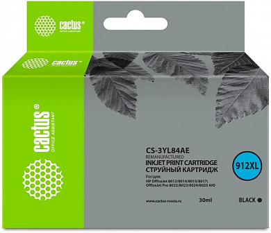 Картридж струйный Cactus CS-3YL84AE 912XL (есть ограничения по прошивке) черный (30мл) для HP OfficeJet 8012/8014/8015/8017;OfficeJet Pro 8022/8023/8024/8025 AIO